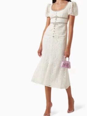 NWT Self-Portrait Ivory Lace Square-Neck Midi Dress with Embellished Waist US 6